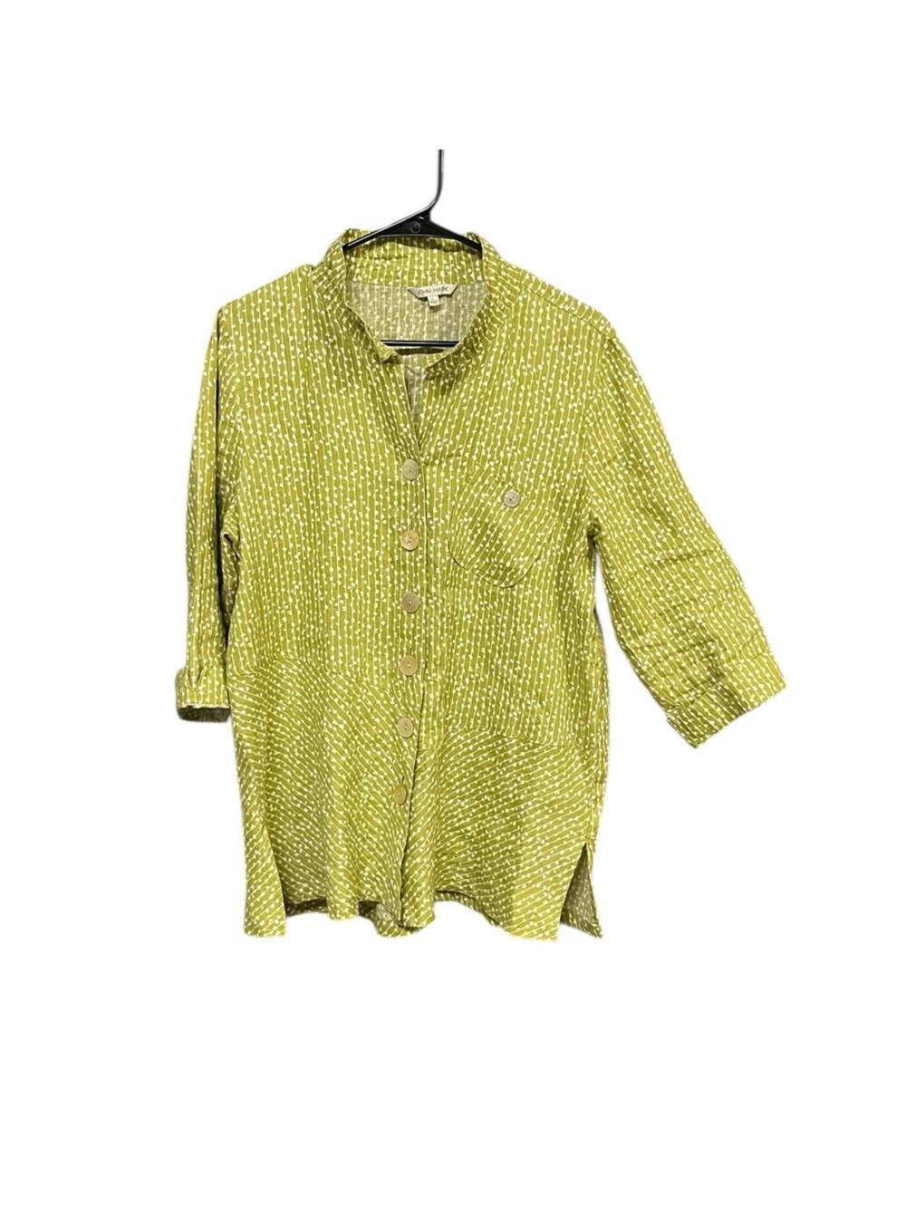 John Mark Linen Tunic Blouse Women’s L Green Button Front 3/4 Sleeve Shirt